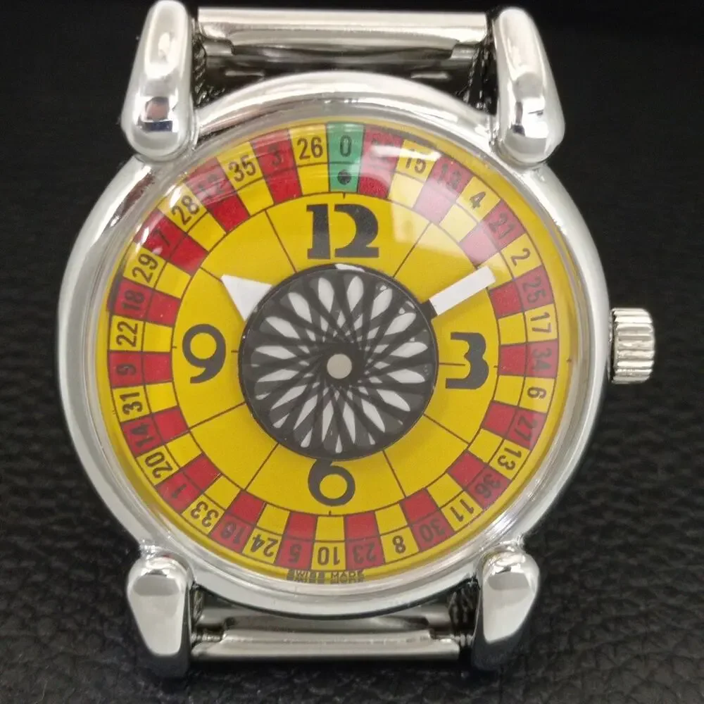 Vintage 1971 Roulette Manual Mens Silver Watch W/Steel Strap & Yellow accents